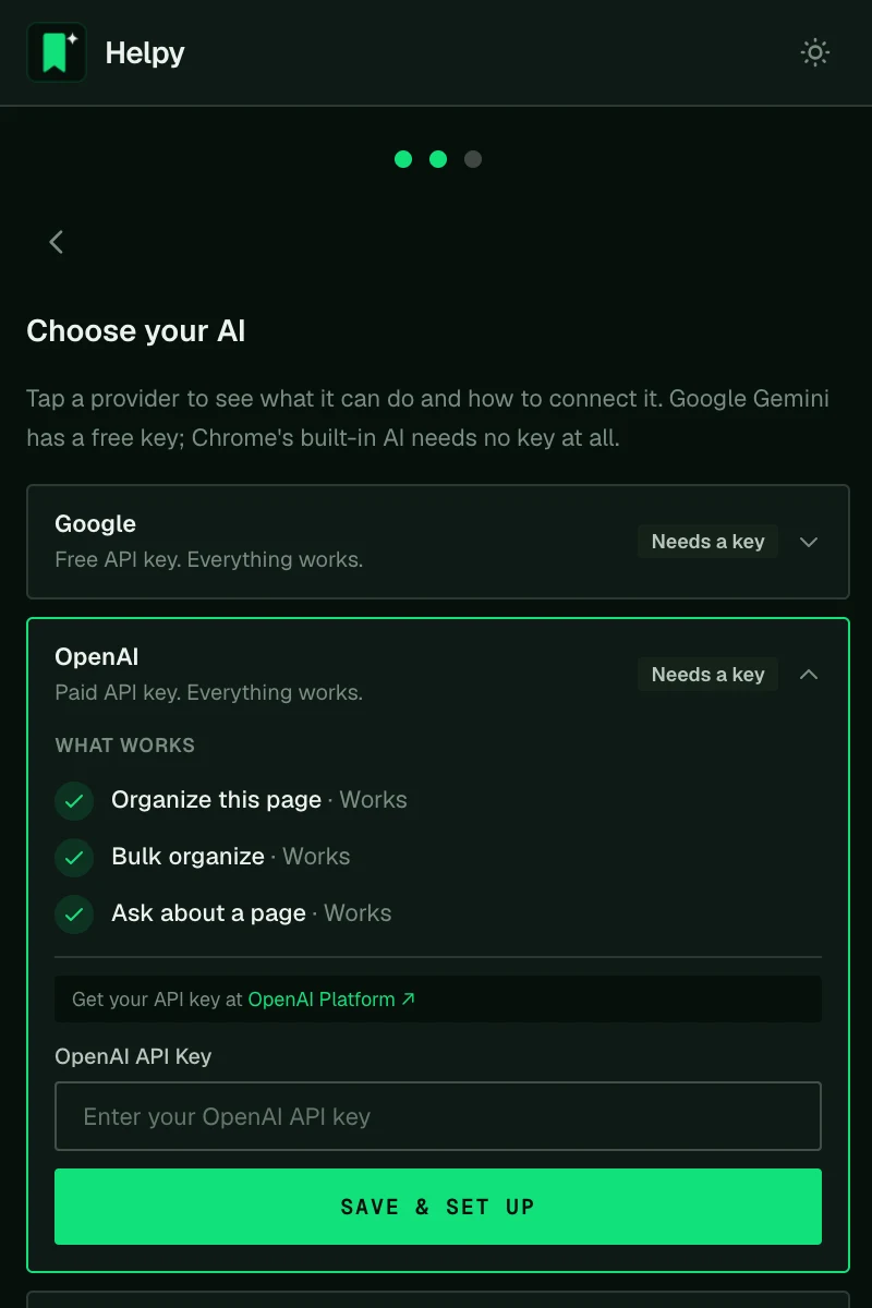 Pasting an API key, with a link to the provider's key page