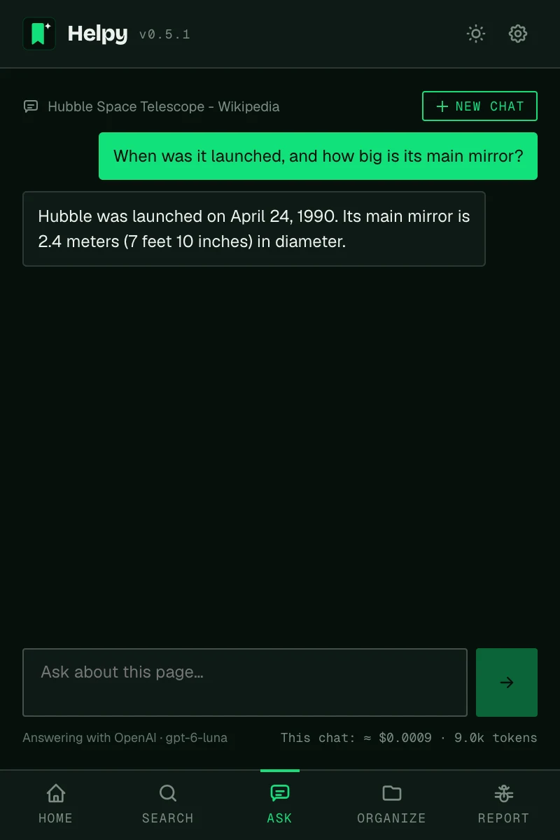 A chat answering questions about the current page