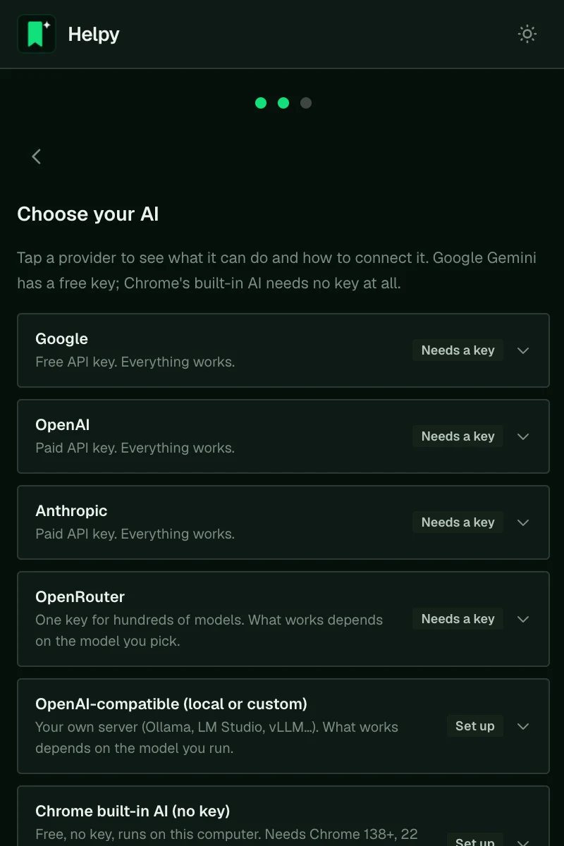 Choosing an AI provider during setup, with capabilities for each