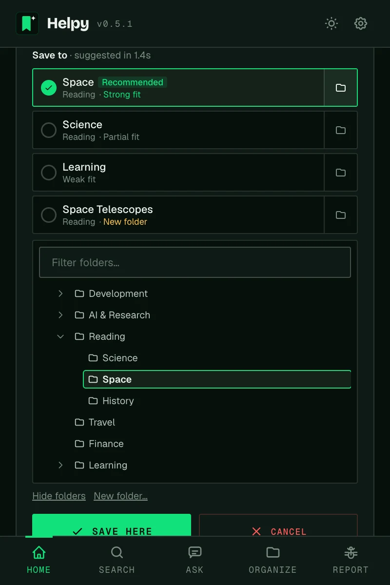 Choosing a different folder from your bookmark tree