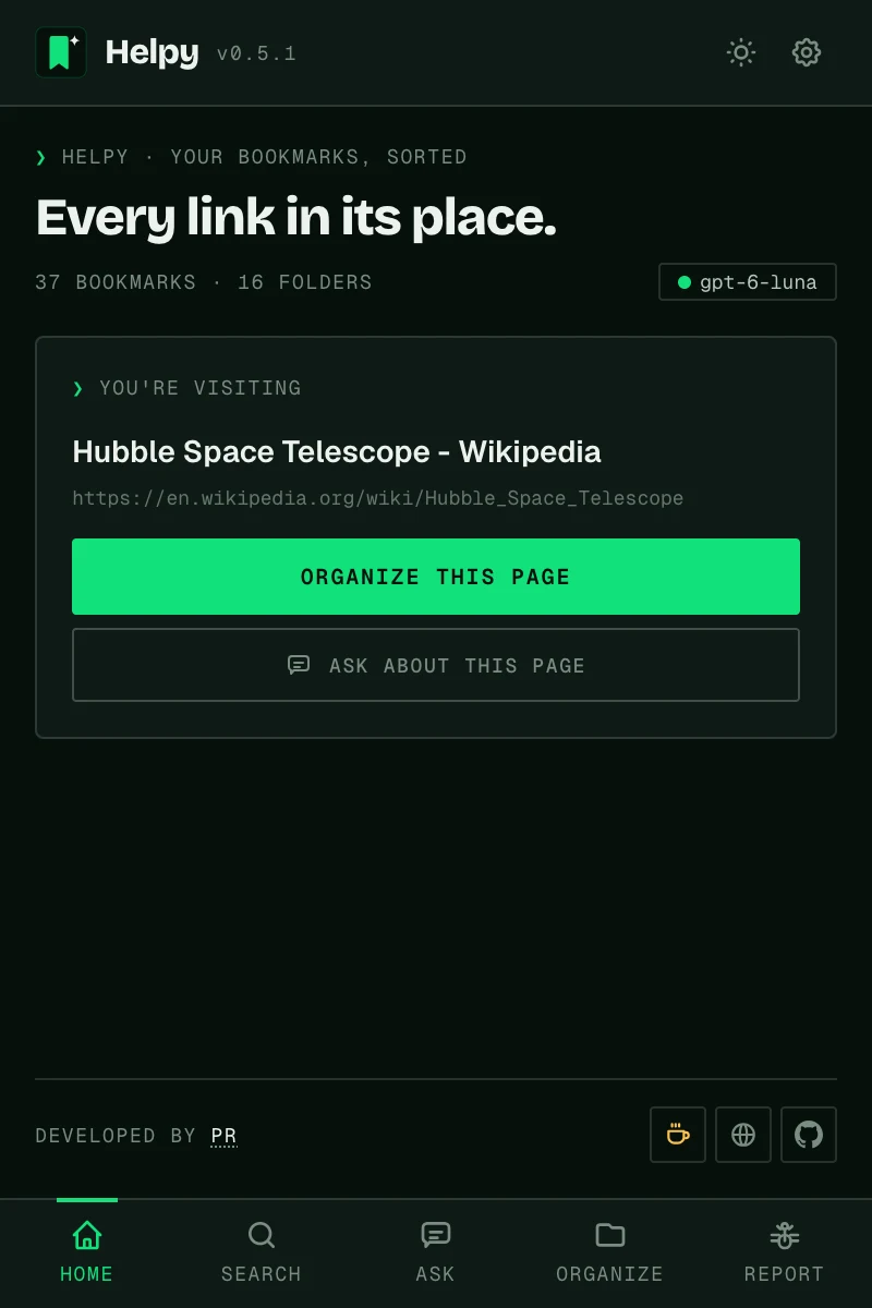 Helpy's Home tab showing the page you're visiting with Organize and Ask buttons