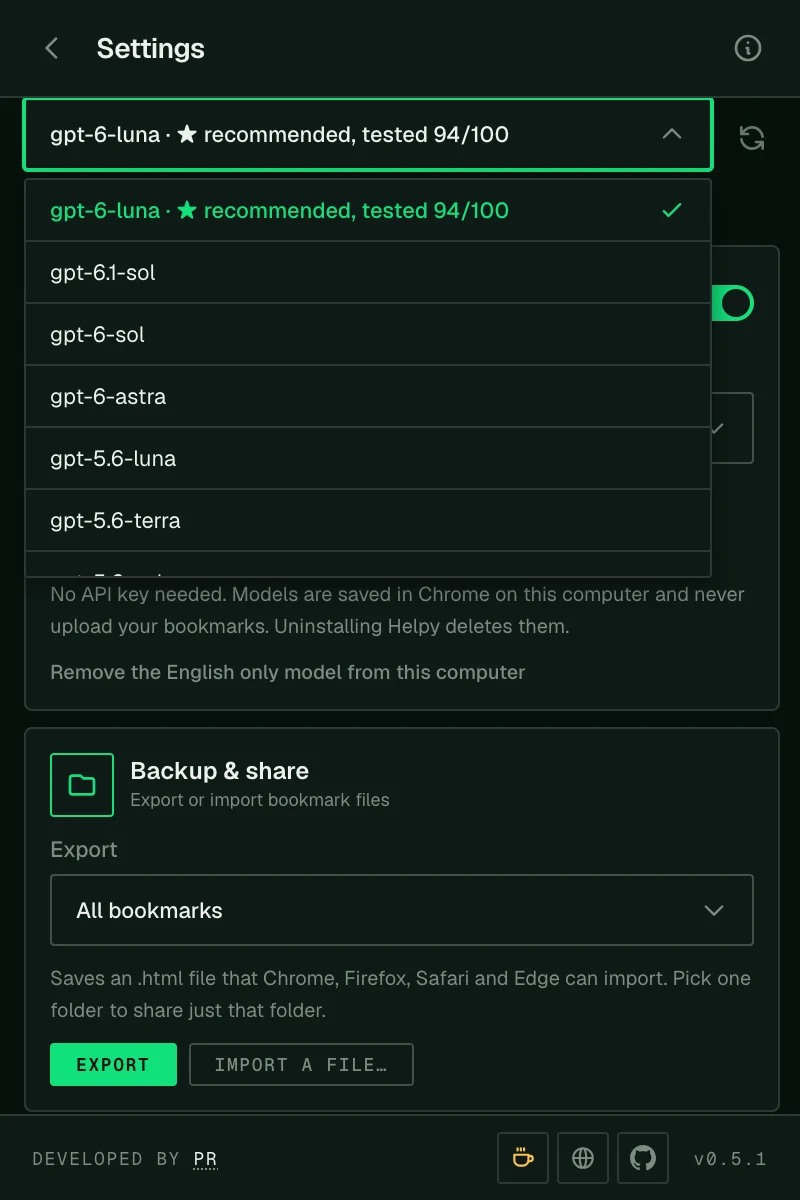 The model list with the recommended, tested model first
