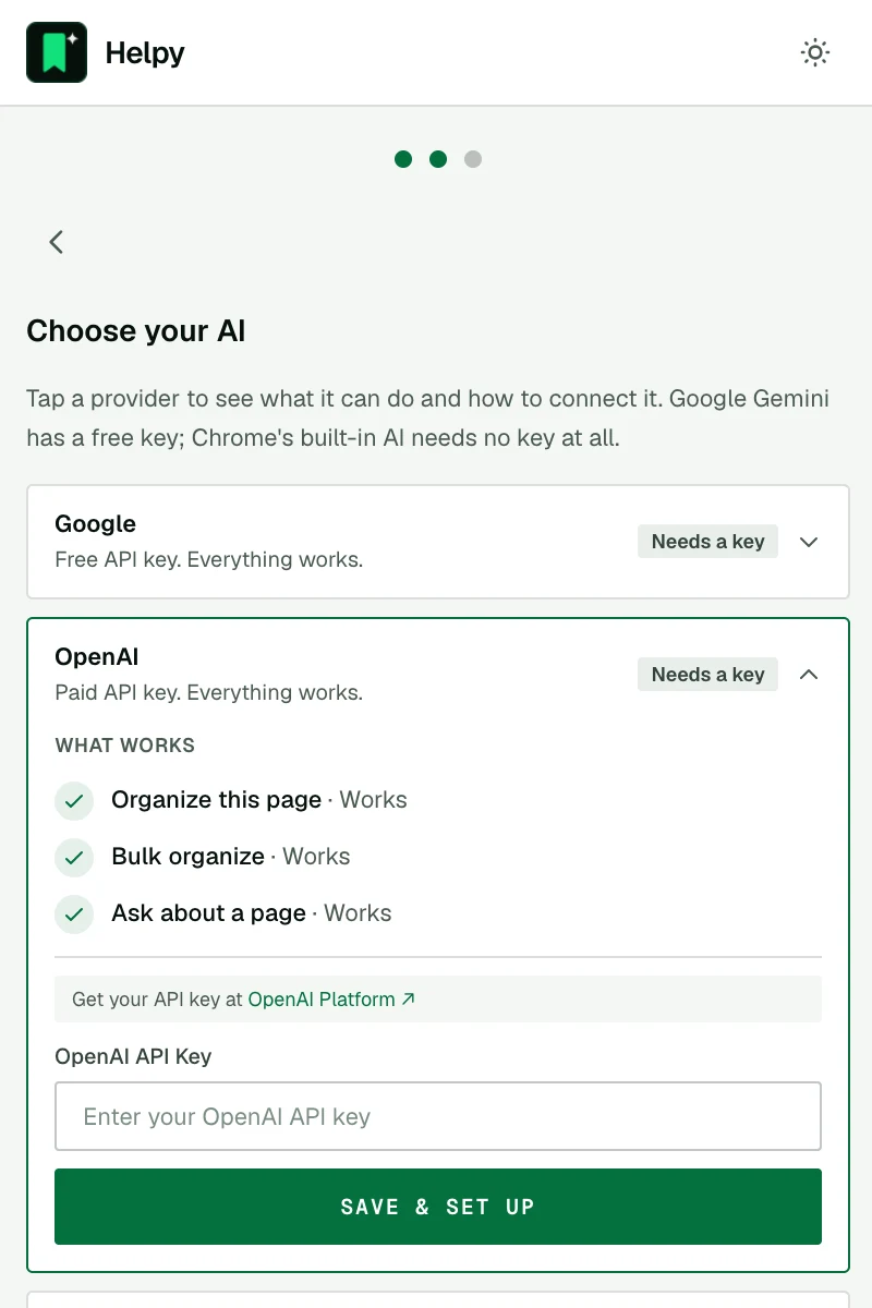 Pasting an API key, with a link to the provider's key page