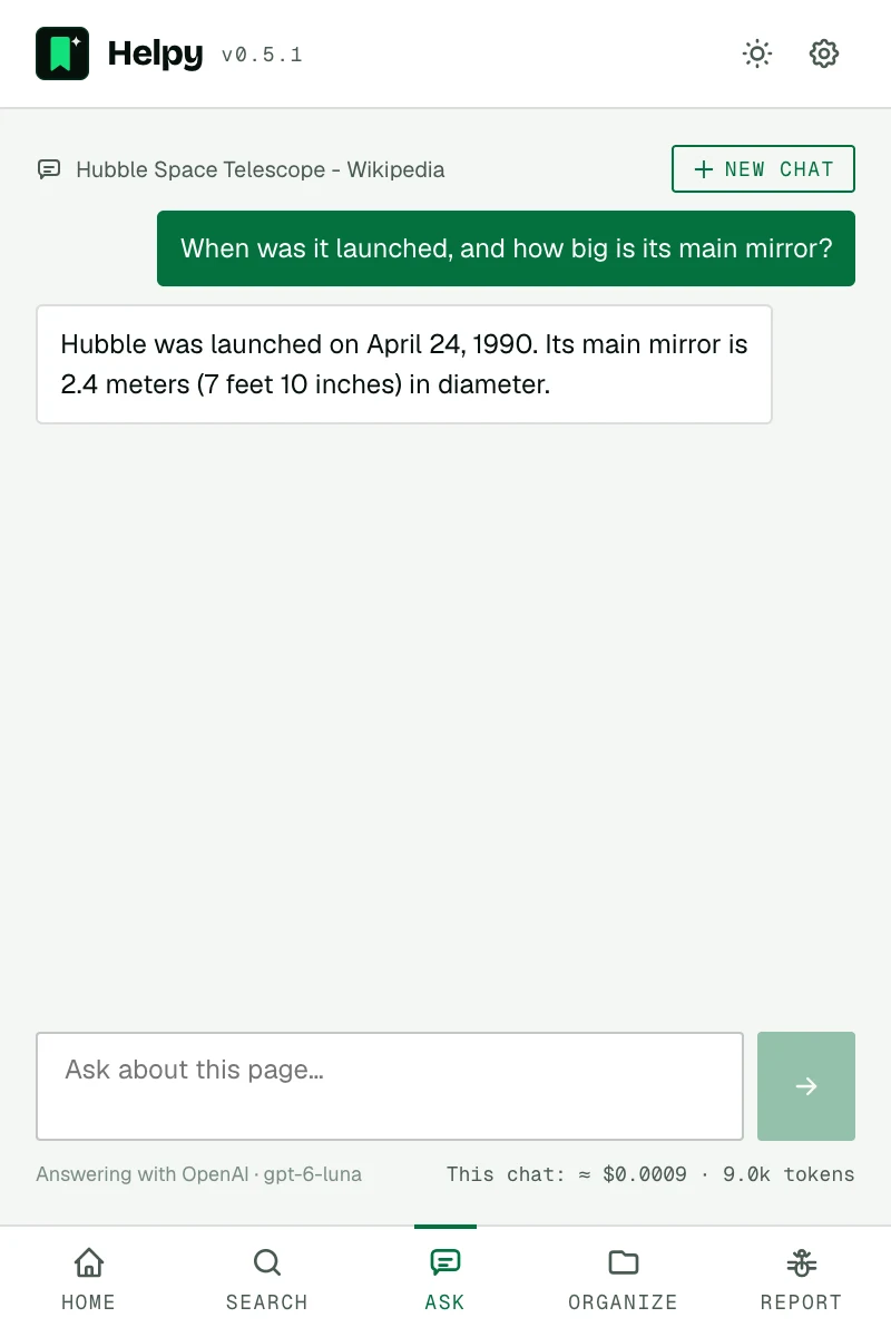 A chat answering questions about the current page