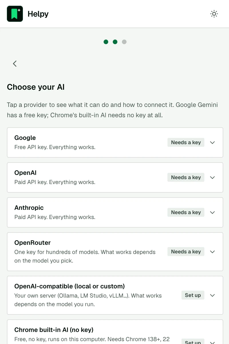 Choosing an AI provider during setup, with capabilities for each