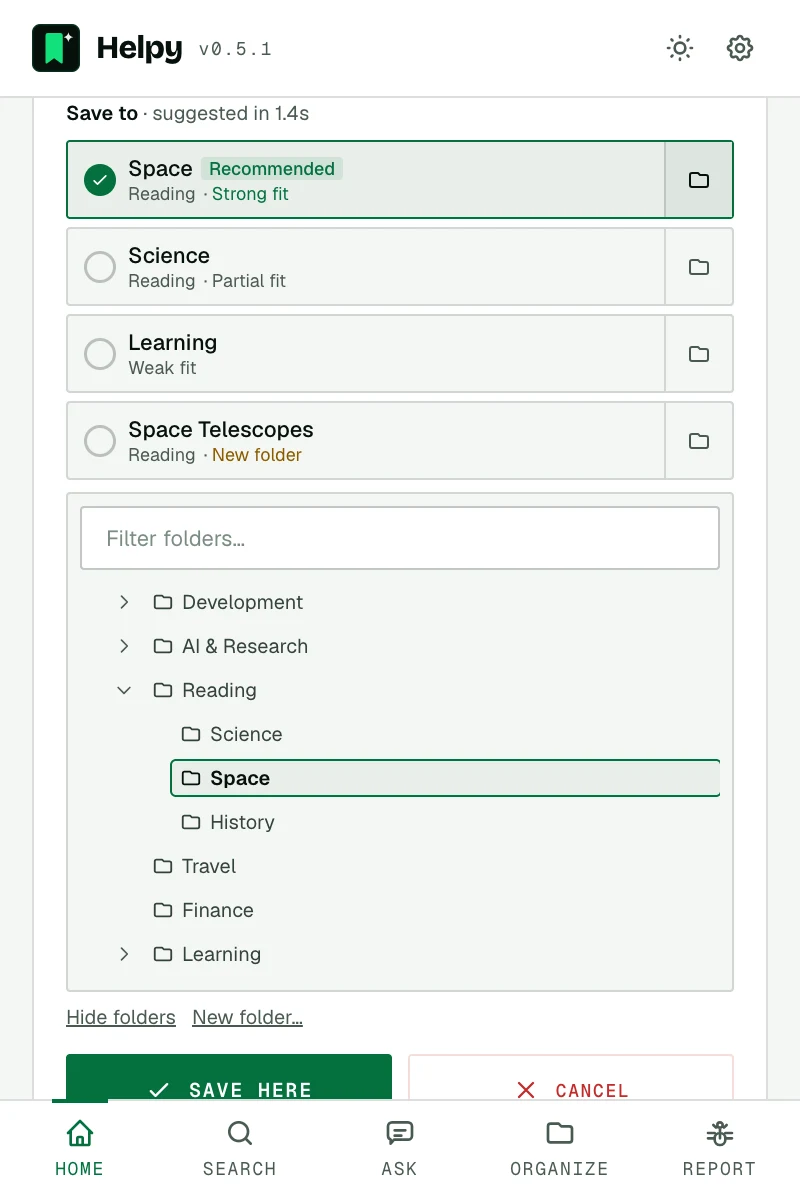 Choosing a different folder from your bookmark tree