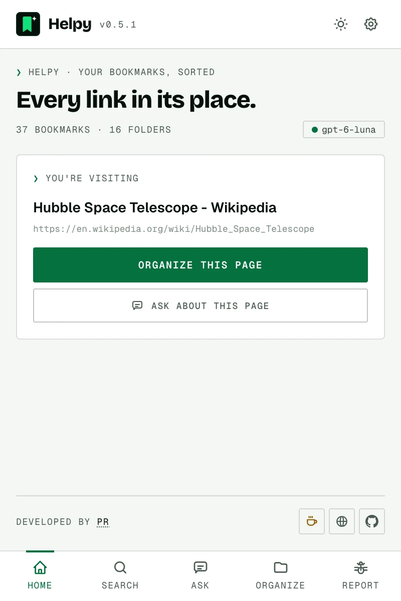 Helpy's Home tab after installing