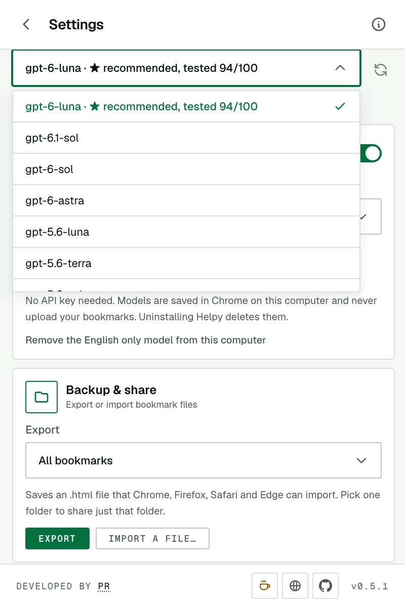 The model list with the recommended, tested model first