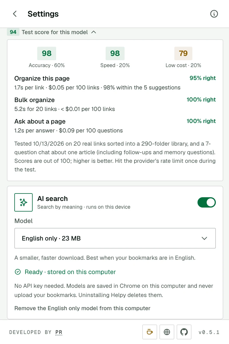 Test scores for the selected model: accuracy, speed and cost