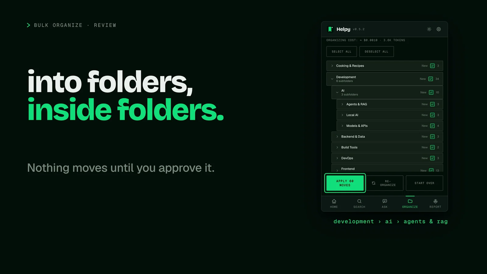 Helpy's review screen with a folder tree open: Development, AI, and three subfolders, next to the words into folders, inside folders.